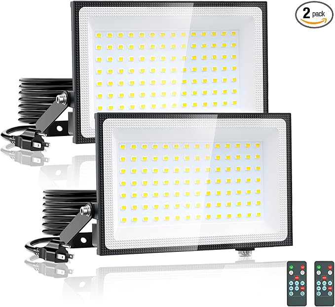 Onforu 100W Dusk to Dawn LED Outdoor Flood Light with Timer 9000LM Adjustable Brightness Work Light IP66 Waterproof Security Light with Plug for Yard 2 Pack