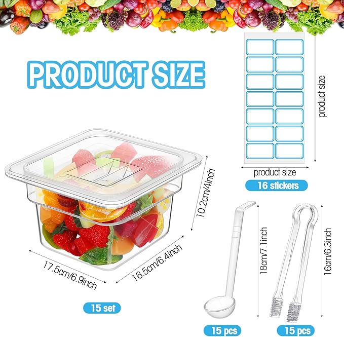 15 Pcs Plastic Clear Food Pan Set 1/6 Size Clear Food Pan with Lid Tongs Spoons Stickers Stackable Food Storage Container Restaurant Hotel Commercial Pan for Fruit Vegetable (4 Inch Deep)