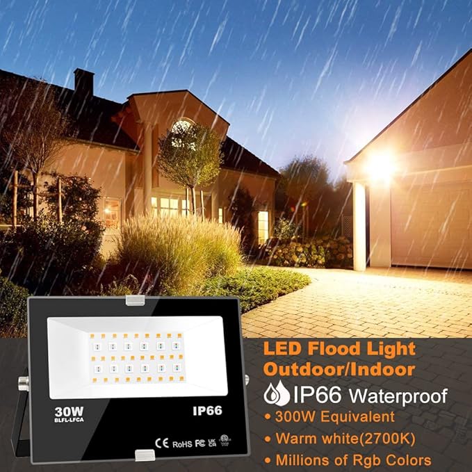 LED Flood Light Outdoor 30W 300W Equivalent 3000LM Smart RGB Landscape Lighting with APP Control DIY Scenes -Timing - Warm White 2700K -Color Changing Uplight IP66 US Plug No Remote MELPO(4 Pack)