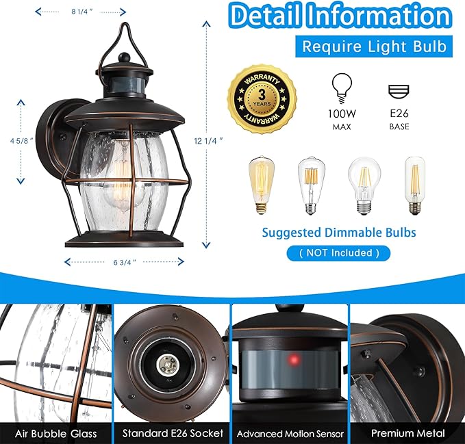 Motion Sensor Outdoor Wall Lights Advanced Dusk to Dawn Exterior Fixtures Wall Sconce Porch Light Wall Mount for Outside PatioEntrywayGarage(Oil Rubbed Bronze)