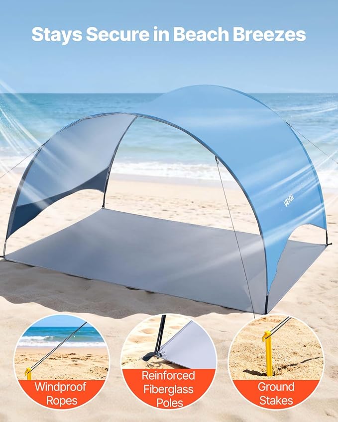 VEVOR Beach Tent Sun Shelter for 4 Person UPF 50+ Portable Sun Shade Beach with Carrying Bag &amp Ground Stakes Lightweight and Easy Setup Beach Umbrella for Camping Fishing Outdoor Picnic