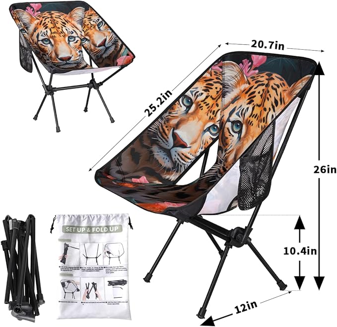 Animal Tiger Pattern Camping Chair Lightweight Portable Chairs for Adults Easy Installation Outdoor Foldable Camping Chair for Camping Fishing Hiking Picnic Beach