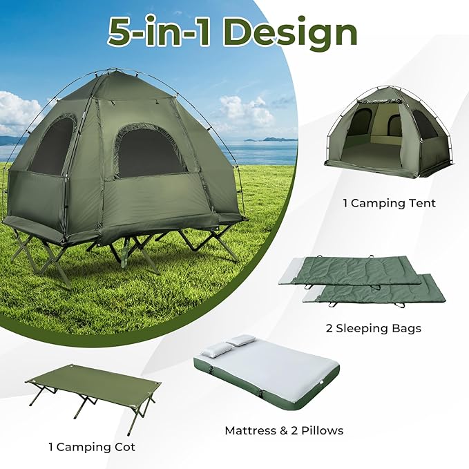 GYMAX Tent Cot 5-in-1 Folding Camping Cot with Mattress &amp Pillows Sleeping Bags Sunshade Camping Tent Elevated with Carrying Bag for Outdoor Hiking Fishing Picnic