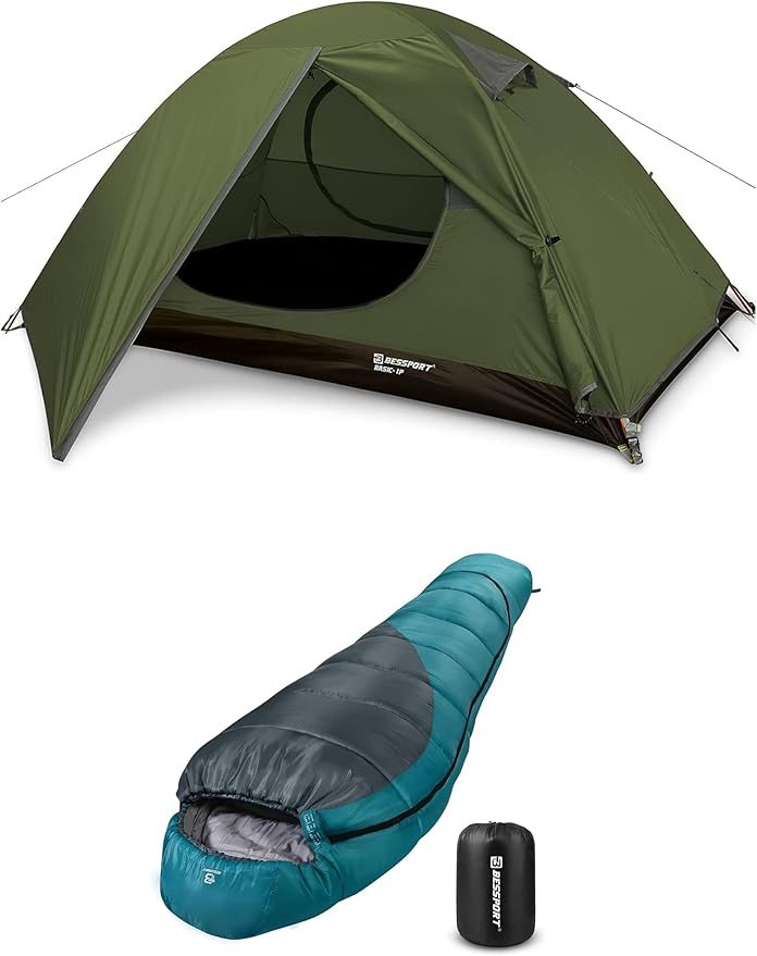Bessport Mummy Sleeping Bag and Camping Tent 1 Person Tent Waterproof Two Doors Backpacking Tent Easy Setup Lightweight for Outdoor Hiking Mountaineering Travel