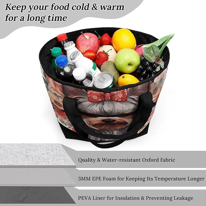 Insulated Shopping BagLarge Reusable Cooler Bags Yorkie Floral Printed Foldable Shopping BagTravel Waterproof Shoulder Bag