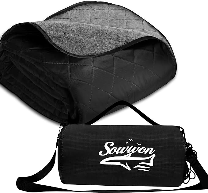 Waterproof Outdoor Blanket 92”X 60” Packable Stadium Blankets for Camping with Quilted Fleece Lining Large Windproof Emergency Throw Mat for Garss Picnic Hiking Road Trip Machine Washable Black