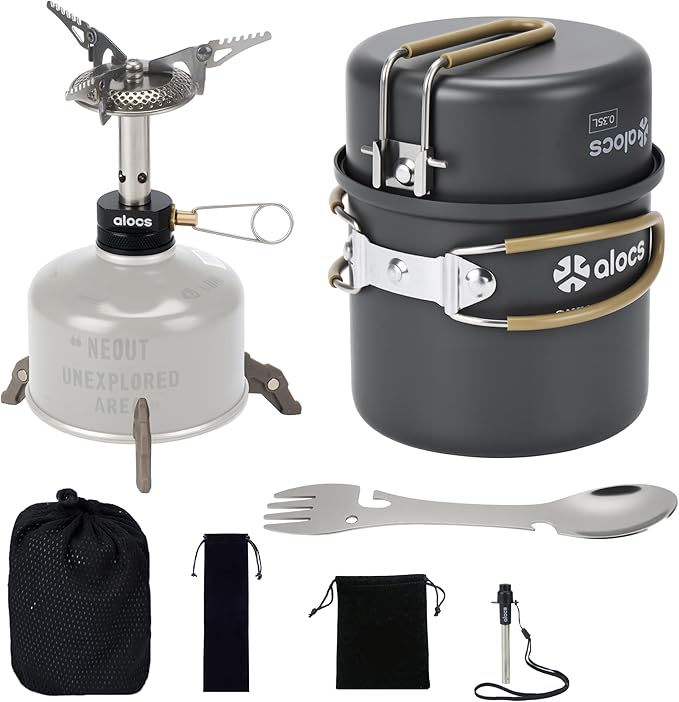 Alocs 9pcs Camping Cookware Kit Non-Stick Lightweight Camping Pots with 3200w Stove Igniter &amp Gas Canister Stand 5-in-1 Utility Spork for Hiking Solo Camping Backpacking Outdoor Cooking Pic