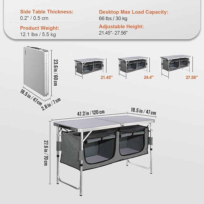 VEVOR Camping Kitchen Station 3 Adjustable Height Folding Outdoor Camp Cooking Table with Storage Organizer Quick Set-up for Patio BBQ Picnic Glamping Traveling