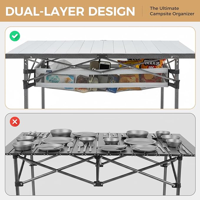 KingCamp Folding Camping Table Aluminum Roll-Up Camp Table Large Foldable Table for 4-6 Person Outdoor Portable Tables with Carry Bag 180 LBS Heavy Duty Load (Silver+Mesh：53.5 × 27.5)