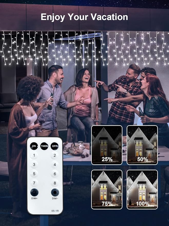 32.8FT Icicle Lights Christmas Outdoor with 400LED 75 Drops IP65 Waterproof Eaves Lights 8 Modes for Christmas Eaves Garden Room Decoration Cool White