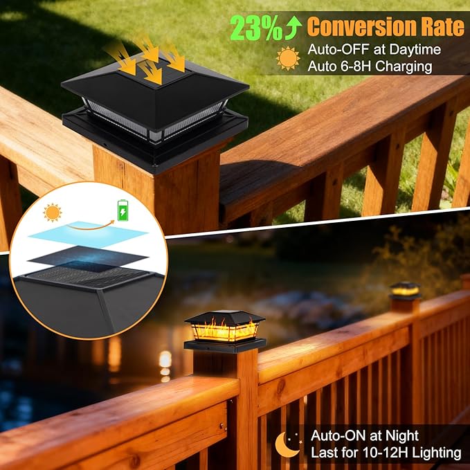 Flame Solar Post Cap Lights Flickering Flame &amp Warm Light Solar Deck Post Lights Waterproof Fence Post Lights for Garden Yard Porch Patio for 4x4 5x5 6x6 Vinyl/Wooden Posts 4 Pack Black
