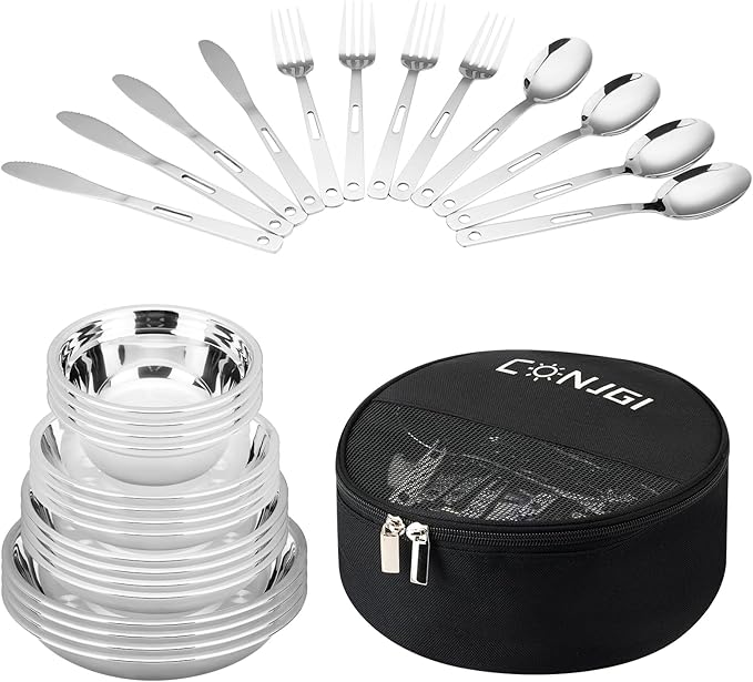 Camping Mess Kits - 28pcs Camping Dinnerware Set Camping Gifts Camping cookware Sets Camping Accessories Camping Cooking Utensils Set Bowls Plates Knives Forks Spoons