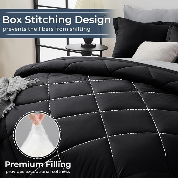 HEVUMYI Oversized Queen Comforter Set - 7-Piece All Season Bed in a Bag Oversized Queen Ultra Soft Bedding Set with Comforter Flat Sheet Fitted Sheet Pillowcases Pillow Shams Black &amp Light G
