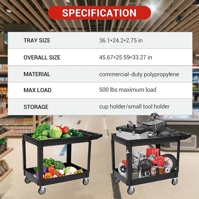 Utility Service Cart with Wheels and Two Trays Service Cart 2-Shelf 500lbs Rolling Utility Cart for Warehouse/Garage/Cleaning/Manufacturing 2 Tier Heavy Duty Uline Tool Cart 45X25 Black