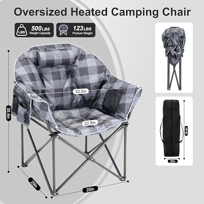 ABORON Oversized Heated Camping Chair Portable Folding Recliner with 3 Heat Settings Heavy-Duty Fully Padded Chair Supports Up to 500 lbs Ideal for Outdoor Adventures