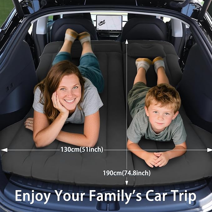 Car Air Mattress - Inflatable Camping Bed Compatible with Tesla Model Y Thickened Flocked AirBed for Trunk/Backseat/Sedan/SUV/RV Sleeping Pad with Pump and 2 Pillows for Camping Travel Outdoor Black