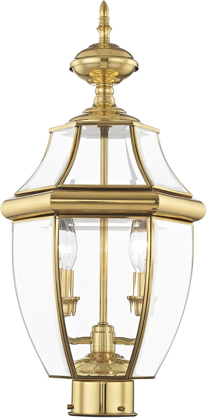 Livex Lighting 2254-02 Monterey 2 Light Outdoor Polished Brass Finish Solid Brass Post Head with Clear Beveled Glass