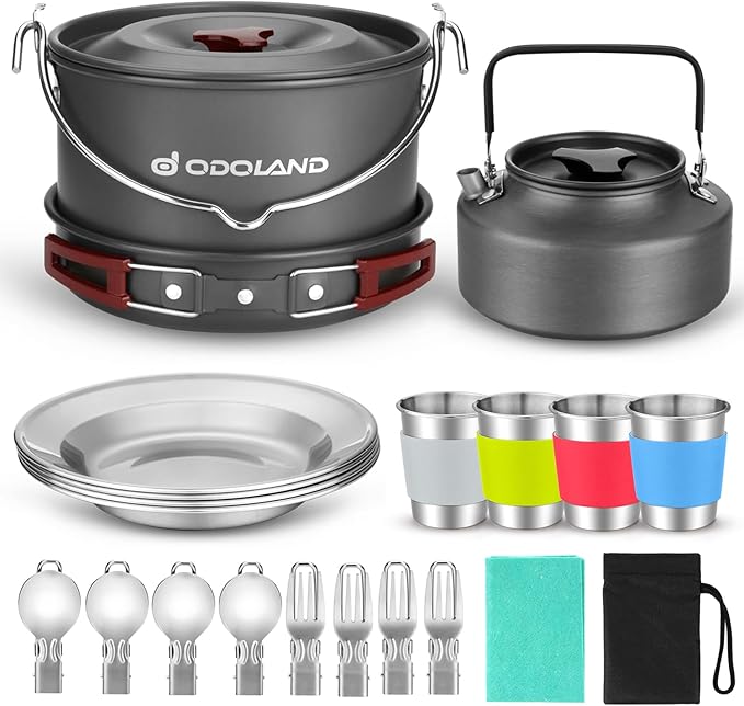 Odoland 22pcs Camping Cookware Mess Kit Large Size Hanging Pot Pan Kettle with Base Cook Set for 4 Cups Dishes Forks Spoons Kit for Outdoor Camping Hiking Picnic