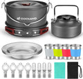 Odoland 22pcs Camping Cookware Mess Kit Large Size Hanging Pot Pan Kettle with Base Cook Set for 4 Cups Dishes Forks Spoons Kit for Outdoor Camping Hiking Picnic