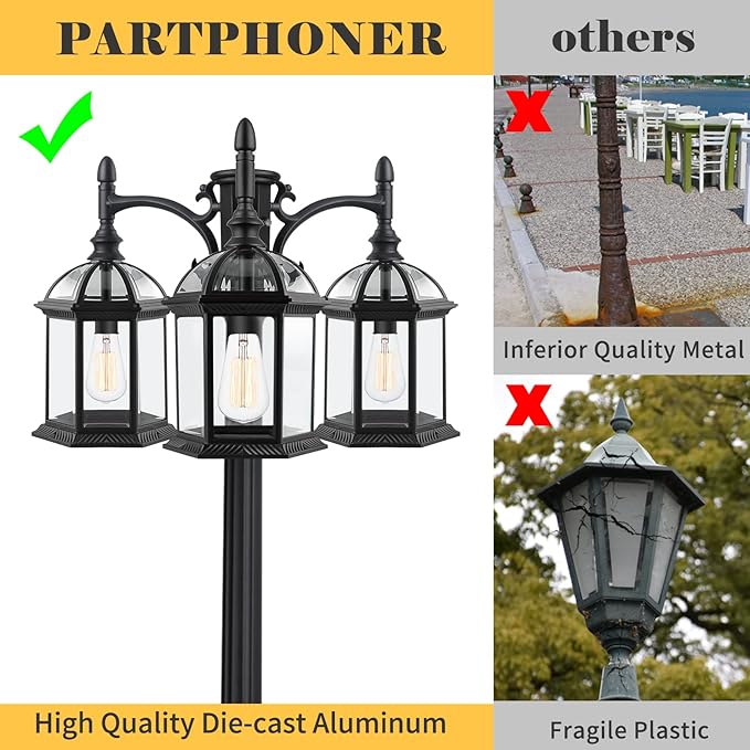 Dusk to Dawn Outdoor Lamp Post Light with 3 LED Bulbs Triple Head Aluminum Street Light Post for Outside with Sensor Waterproof Birdcage Pole Lighting Fixture for Backyard Garden Patio Driveway