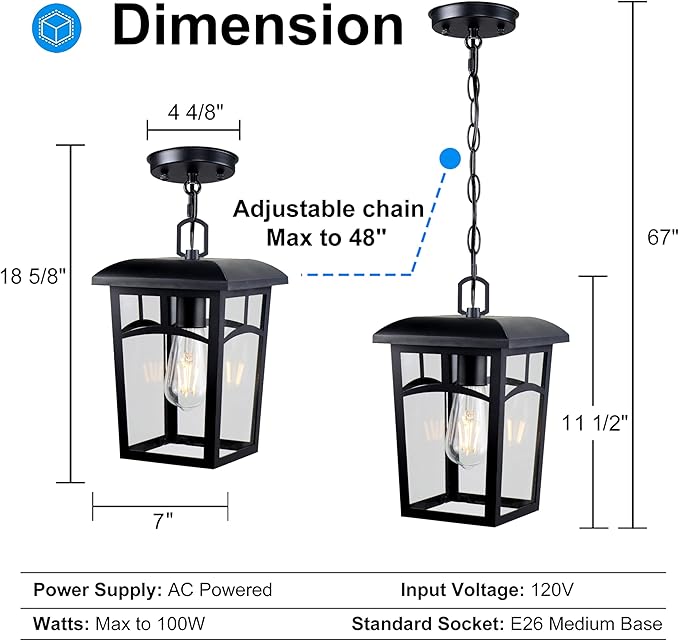 Outdoor Hanging Light Farmhouse Black Porch Pendant Lantern with Clear Glass E26 Base Modern Exterior Chandelier for Front Door Patio Entryway Gazebo Backyard