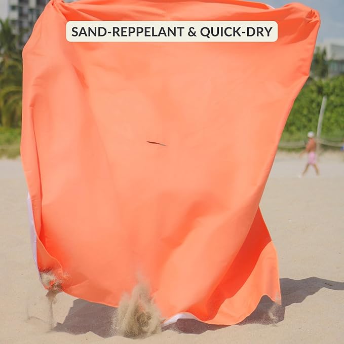 Plush Microfiber Beach Blanket Large Beach Mat for 1-4 Persons Sandproof Windproof | Hole for Umbrella Corner Sand Pockets to Fight Wind (Bag for Blanket Included)