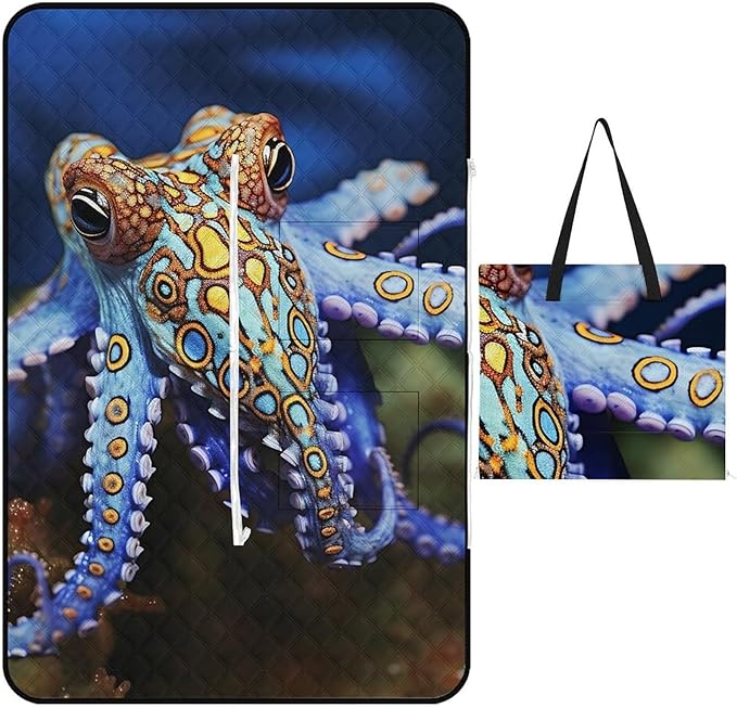 Zipper Blue Ringed Octopus Style Picnic Mat Suitable for Travel Camping Park Or Home Use