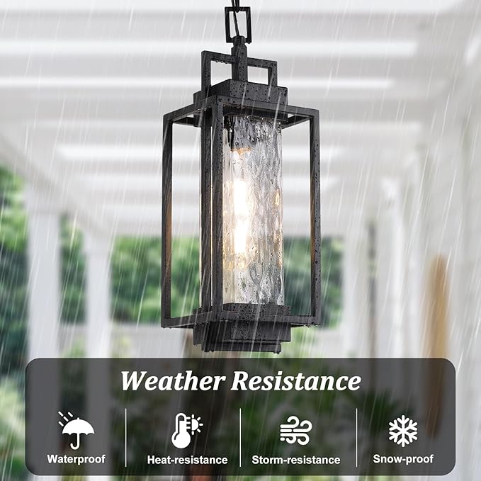 BesLowe 15” Outdoor Pendant Light with LED Bulb Modern Hanging Lantern Light for Outside with Water Ripple Glass Black Exterior Pendant Lighting Fixture Outdoor Chandelier for Front Porch Gazebo