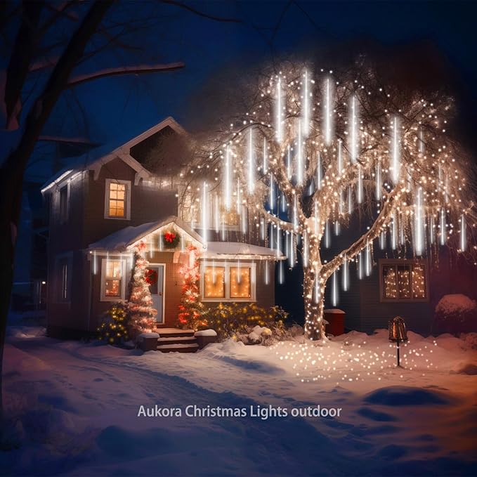 Aukora White Christmas Lights Outdoor UL Plug 24 Tubes 576 LEDs Meteor Shower Light Tandemable Icicle Snow Falling Rain Light for Xmas Tree Halloween Decorations Wedding Party Holiday Garden Decor