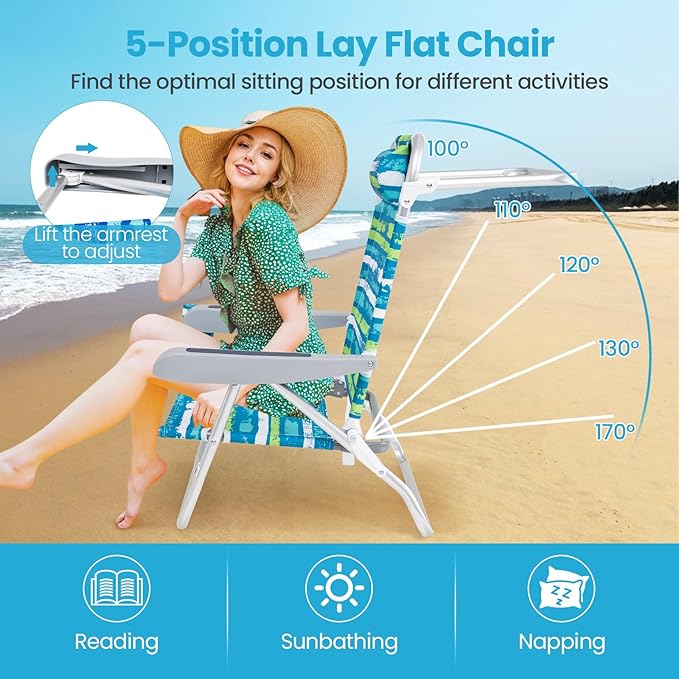 Giantex 2-Pack Folding Camping Chair with 5 Adjustable Positions Head Pillow Towel Bar Armrests &amp Cup Holder Portable Outdoor Backpack Chair for Lay Flat Sunbathing Picnic Beach Green