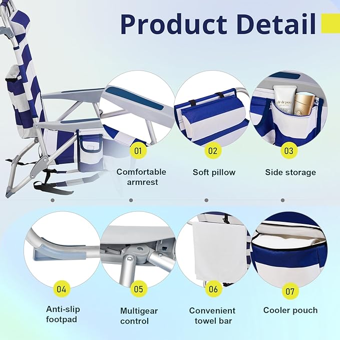 Low Beach Chairs for Adults 5-Position Reclining Backpack Beach Chair with Cooler &amp Storage Pouch Portable Lightweight Folding Aluminum Beach Chair with Cup Holder Supports 220lbs Blue Stripes
