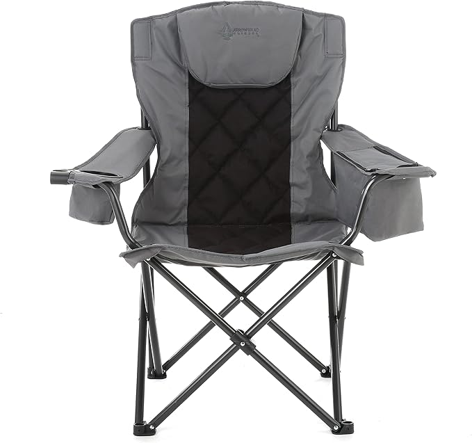 ARROWHEAD OUTDOOR Portable Deluxe Folding Camp Quad Chair w/Headrest Glass &amp Cup Holders Armest 6-can Cooler Heavy Duty Carry Bag 550 lbs Weight Capacity