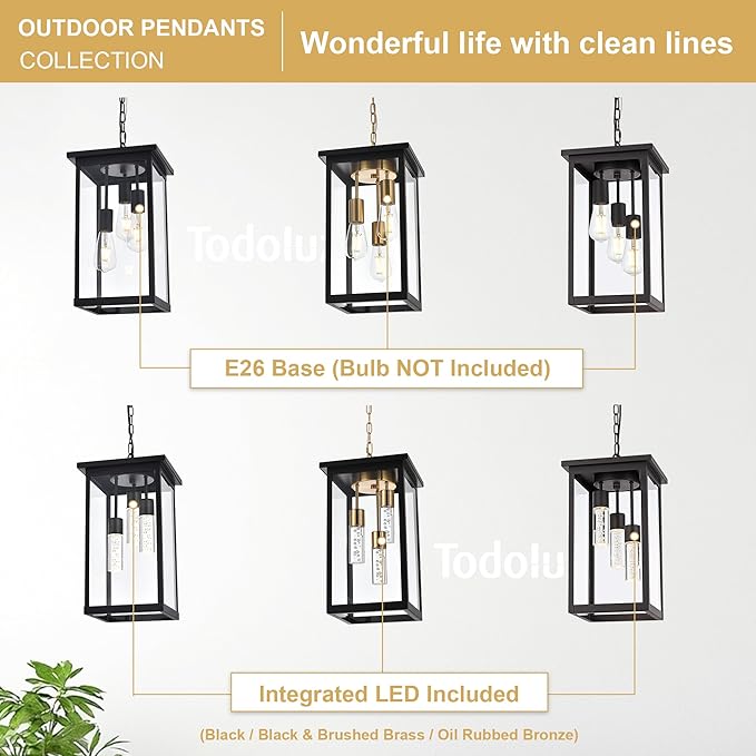 TODOLUZ 3-Light Large Outdoor Pendant Light Fixtures with Height Adjustable Porch Hanging Lighting E26 Bulb Base in Oil Rubbed Bronze Exterior Ceiling Lamp for Entrance Patio Garden