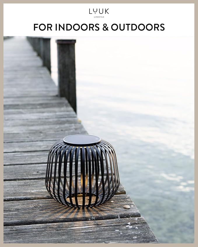 LUUK LIFESTYLE Solar LED Lantern for Indoor &amp Outdoor use Cordless Table lamp with Modern Metal cage Design dimmable Garden lamp Rechargeable Solar Light up to 72 Hours Lighting Duration Blac