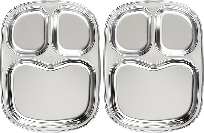 Korean Stainless Steel Divided Plates for Toddlers Kids Babies Premium 304 Electro-Polished No Black Residue BPA-Free 3-Compartment Plate Food Tray for Camping Balanced Meals Set of 2