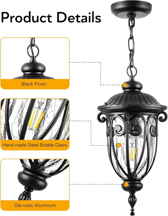 VIANIS Black Outdoor Pendant Light Lantern Modern Chandelier Handcrafted Hanging Lights with Seed Glass Outdoor Ceiling Lights for Porch House Doorway Garden Entryway