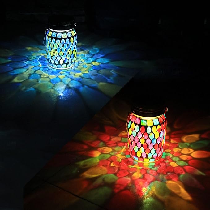 2 Pack Solar Outdoor Mosaic LanternSolar Lights Outdoor Hanging Lanterns Rechargeable Waterproof Table lamp Mosaic Night Light for Garden Patio Party Yard Outdoor/Indoor Decorations