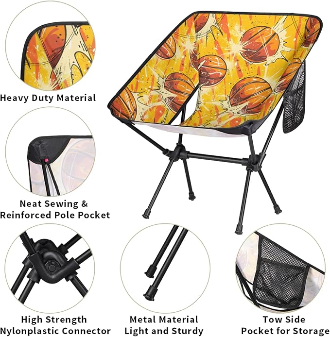 Honeybaby Folding Camping Chair Basketballs Themed Camping Chairs Lightweight Portable Chair Outdoor Foldable Chairs for Camping Travel Picnic Beach Hiking