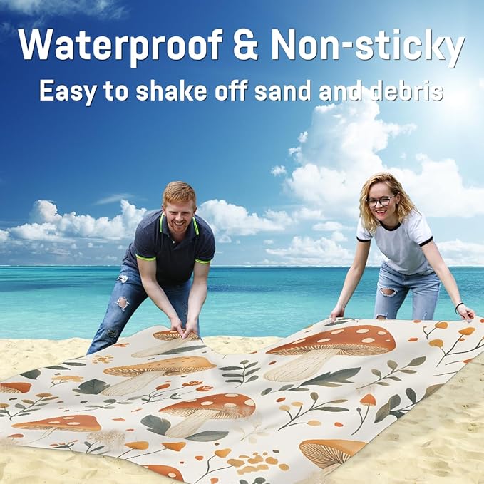 Waterproof Sandproof Beach Blanket 59''×68'' Plant Mushrooms Polyester Outdoor Picnic Blanket with 4 Stakes &amp Storage Bag for BeachCampingVacation White