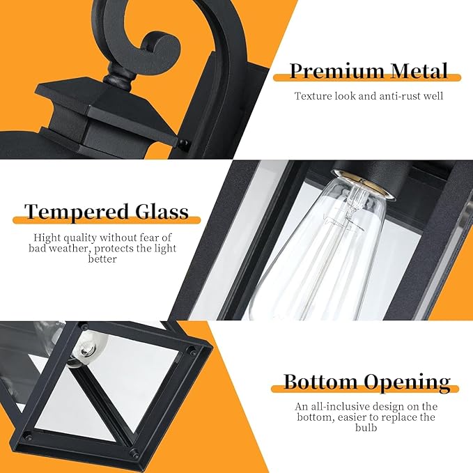 Outdoor Wall Sconce Lights 2-Pack Anti-Rust Aluminum Outdoor Porch Lights Wall Mount Black Exterior Lighting Fixtures with Tempered Glass 15 Medium Coach Lights for Garage House