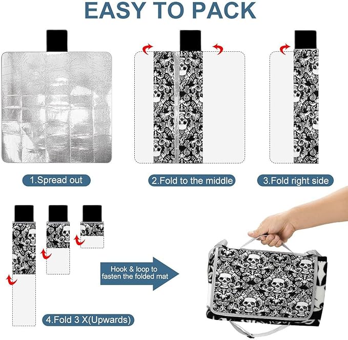 Gothic Skulls Damask Style Black White Waterproof Outdoor Picnic Blanket Sandproof Beach Mat for Camping Hiking Grass Travelling