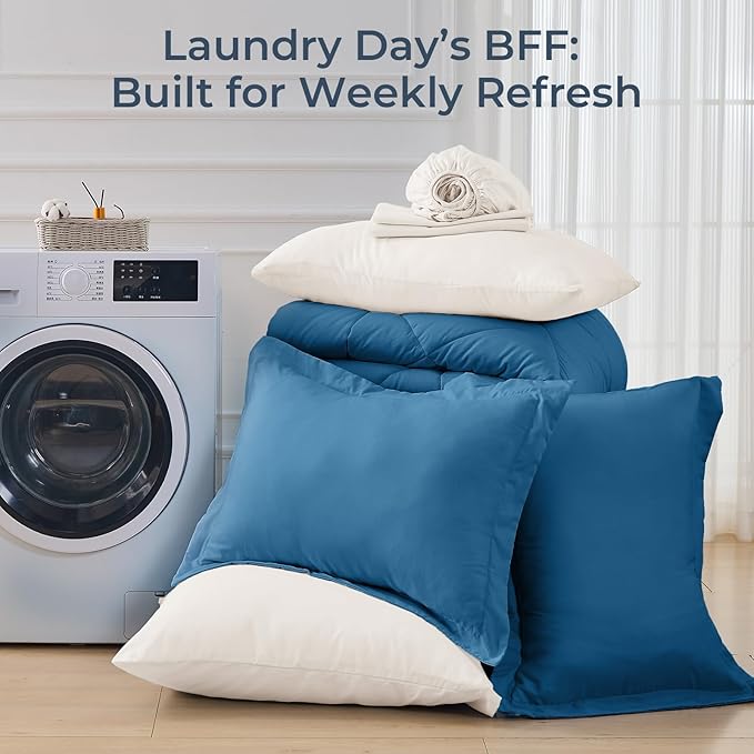 HEVUMYI Teal Blue &amp Ivory Queen Comforter Set - 7-Piece All Season Bed in a Bag Queen Ultra Soft Bedding Set with Comforter Flat Sheet Fitted Sheet Pillowcases Pillow Shams Teal Blue &amp I