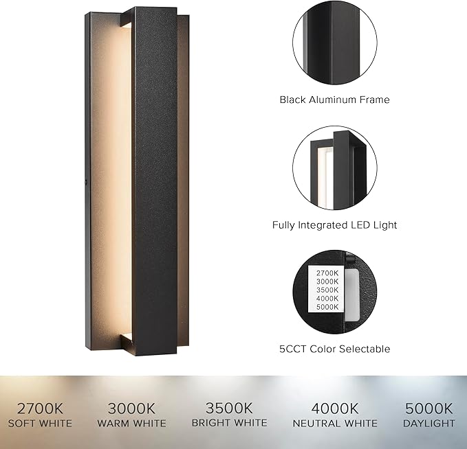 Maxxima LED Porch Lantern Outdoor Wall Light Linear Black Sconce with Vertical Bar 300 Lumens 5 CCT 2700K/3000K/3500K/4000K/5000K Modern Exterior Flush Mount Patio Lighting