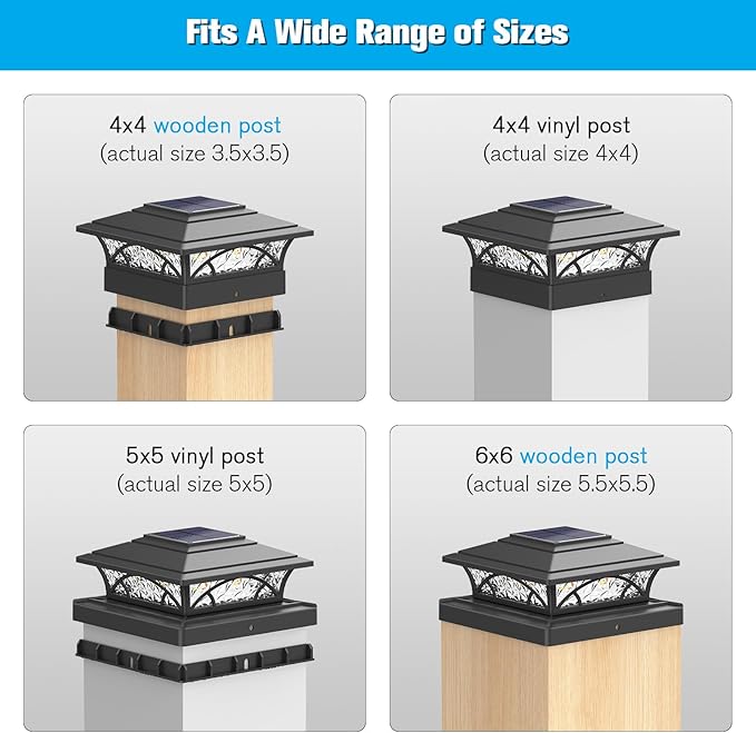 Solar Post Cap Lights Outdoor 6pack - Black Deck Fence Post Lights Solar Powered with 16LEDS 2 Lighting Modes 4x4/5x5/6x6 Waterproof Fence Post Lights for Garden Patio Porch Backyard
