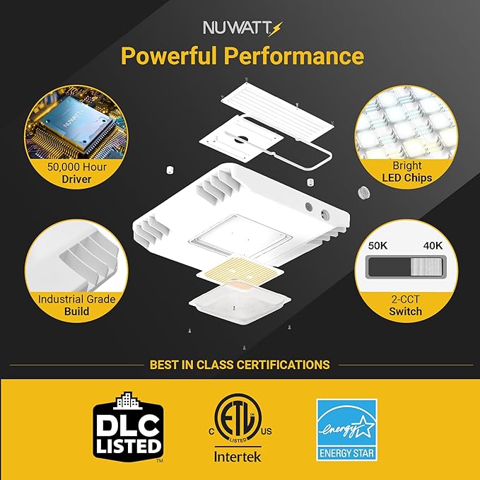 NUWATT 150W Waterproof LED Canopy Lights for Gas Station 4000K/5000K Selectable 21250LM Dimmable 120-277V IP67 Rated Indoor &amp Outdoor LED Parking Garage Lighting or Light for Carport