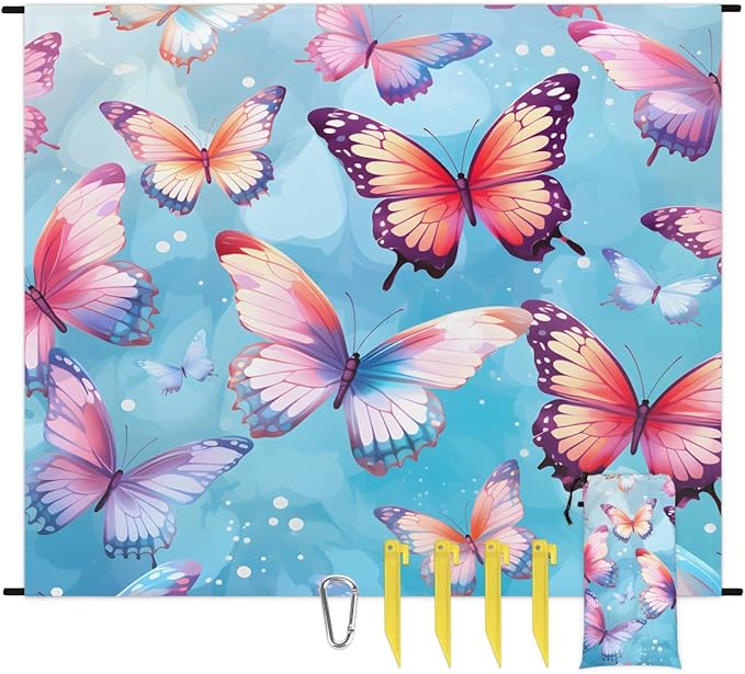 Waterproof Sandproof Beach Blanket 59''×68'' Butterfly Polyester Outdoor Picnic Blanket with 4 Stakes &amp Storage Bag for BeachCampingVacation Pale Green
