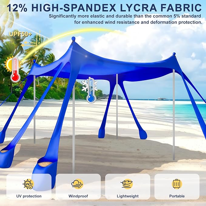Beach Tent Sun Shelter UPF 50+10x10 FT Beach Canopy Tent Sun ShadePop Up Beach Canopy with 8 SandbagsOutdoor Beach Shade for Camping Trips Fishing Backyard Fun Picnics (Royal Blue)