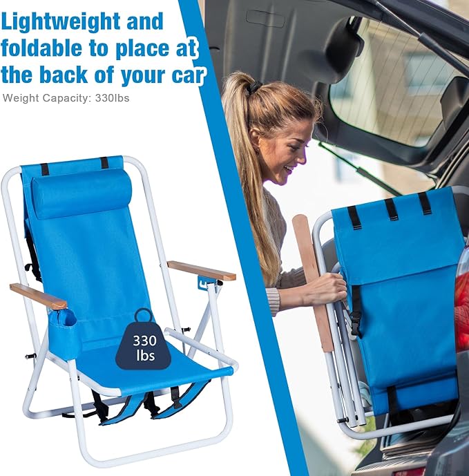 Bonnlo Foldable Backpack Carry Camping Chair with Cup Holder Portable 4-Position Reclining Heavy-Duty Supports 265lbs (120 kg) for Beach Lawn Concert Fishing Blue