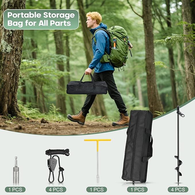 Tinnmao 4-Pack 17.7 Tent Stakes Heavy Duty with 8 Ratchet Tie Down Straps (1/8 φ) Kit for High Wind 8mm Solid Steel Spiral Ground Anchors Screw in for Tarp | Canopy | Sand Beach Camping Tent