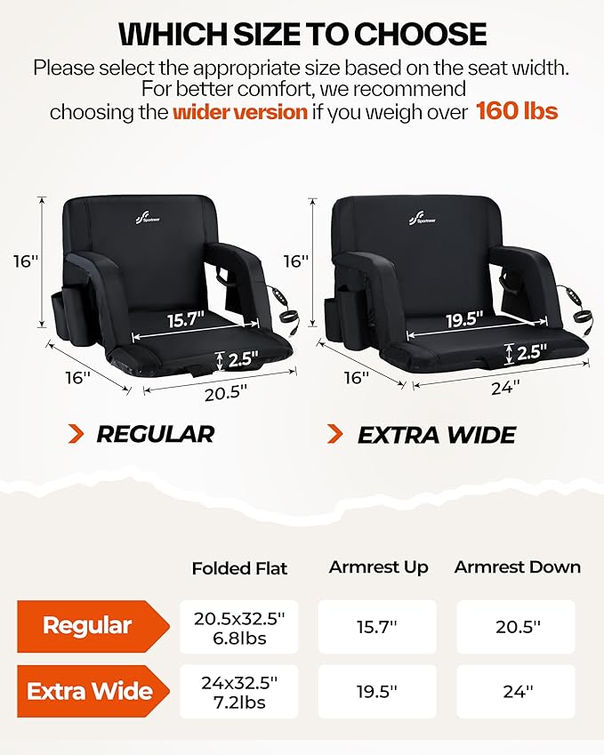 Sportneer Heated Stadium Seats with Back Support: 6 Adjustable Angles Extra Wide Bleacher Seat with Dual Heating Zones - 2.5 Padded Stadium Seats for Sports Outdoors(Power Bank Not Included)